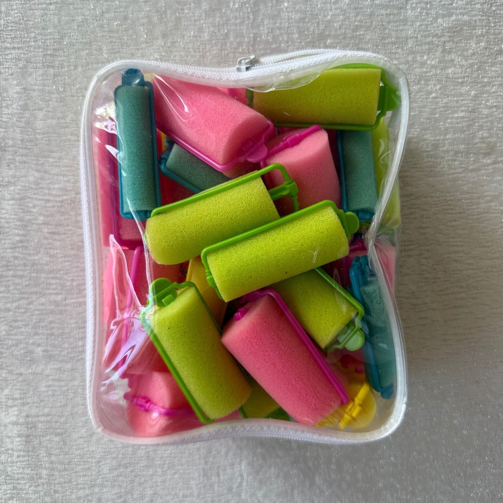 48pc Foam Sponge Hair Roller Set Pink Green Yellow Blue Curlers w/ Storage Bag